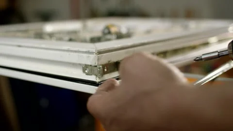Fastening a window hinge with a cordless driver, workshop close up 動画素材 341525835