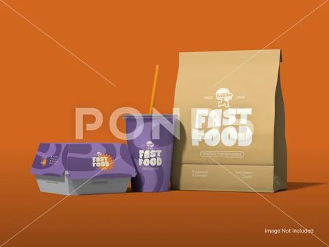 Fastfood, burger, box, packaging, mockup, branding, cup, soda, bag, container, PSD Template