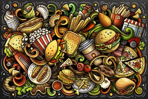Fastfood hand drawn cartoon doodles illustration. Colorful vector banner Stock Illustration