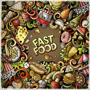 Fastfood hand drawn vector doodles illustration. Fast food frame card design Stock Illustration