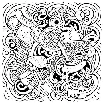 Fastfood hand drawn vector doodles illustration. Illustrazione stock
