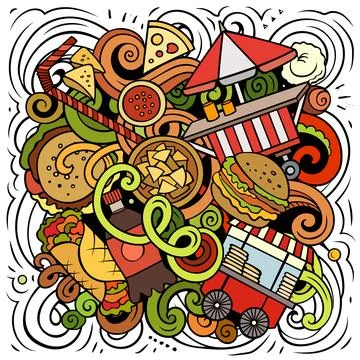 Fastfood hand drawn vector doodles illustration. Illustrazione stock