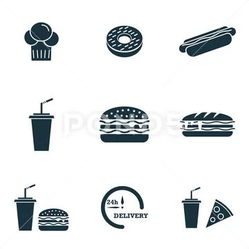 Fastfood icons set. Burger icon, Hot Dog icon, Drink with a straw icon and more Stock Illustration