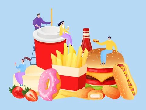 Fastfood tiny people concept vector Illustration. Universal menu street cafe 스톡 일러스트