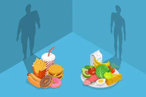 Fastfood vs Balanced Menu Comparison, What Foods are Better for Your Body. Stock Illustration