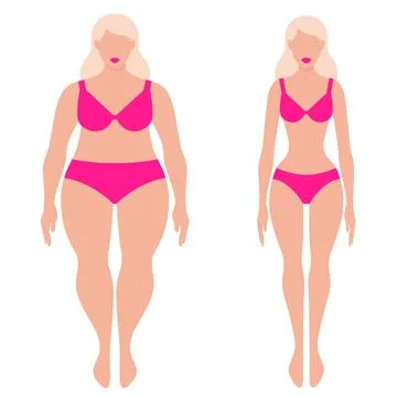 Fat and thin barbie dolls in pink bikini isolated on white background Stock Illustration