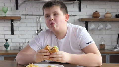 Fat Asian boy greedily eats junk food, hamburger, french fries. Stock Footage 233463760