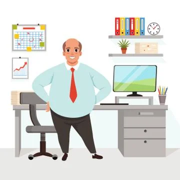 Fat bald man in office. Worker in formal clothing. Workplace with table, chair 스톡 일러스트
