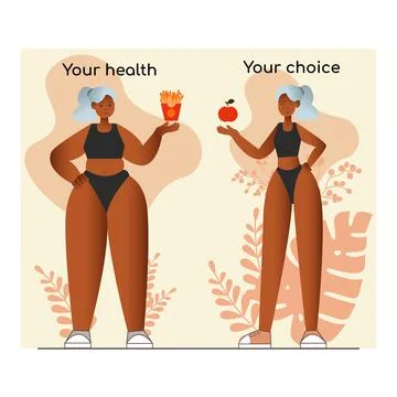 Fat black girl change her life. Smiling fit slim woman stay against big fat w Stock Illustration