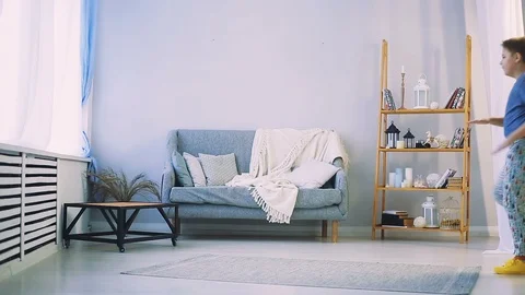 Fat boy doing exercises in the hall Stock Footage 100042344