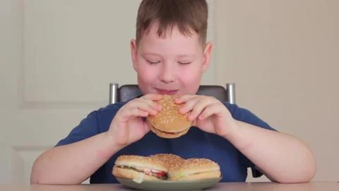 A fat boy eats a hamburger. Video stock 169810277