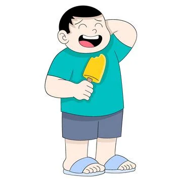 A fat boy is embarrassed because he eats ice cream during Ramadan Stock Illustration