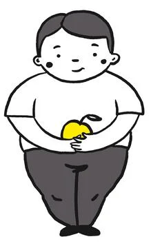 Fat boy thinking with apple in his hands healthy food Stock Illustration