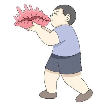 Fat boy is trying to blow a shell instrument Stock Illustration