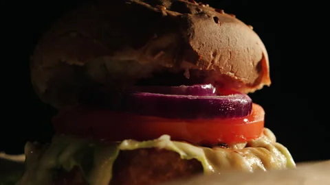 Fat burger rotating on a dark background. Video stock 166114483