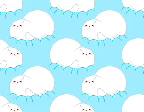 Fat cat on cloud pattern seamless. Thick pet sleeping on sky background. Cute イラスト素材