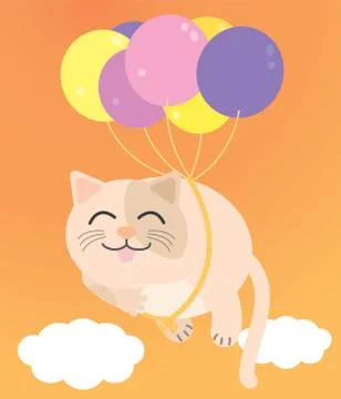 A Fat cat floating in the orange sky. There are purple and yellow balloons ti Stock Illustration