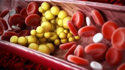 Fat cells blocking the blood flow inside human vein. 3D illustration Stock Illustration
