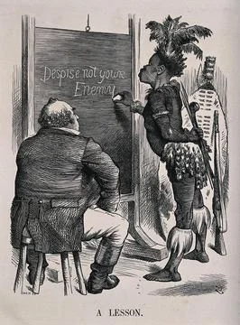 A fat complacent Briton sits on a stool while a Zulu man writes "Despise no.. Stock Illustration