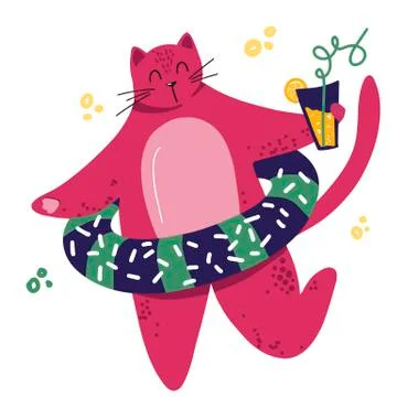 Fat cute cat have a rest with cocktail. Hand drawn character. Happy calm cat on Stock Illustration