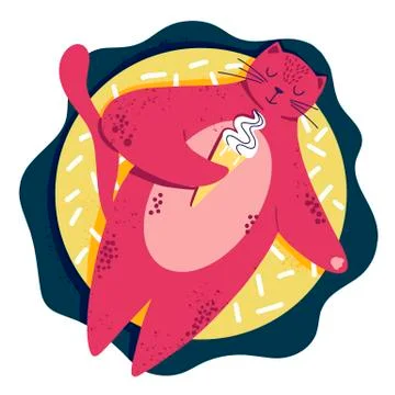 Fat cute cat have a rest in swimming pool with cocktail. Hand drawn character Stock Illustration