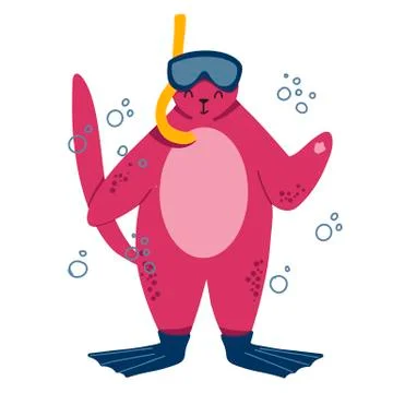 Fat cute cat ready to diving. Hand drawn character. Happy calm cat on rubber  Stock Illustration