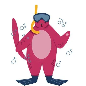 Fat cute cat ready to diving. Hand drawn character. Happy calm cat on rubber  Stock Illustration
