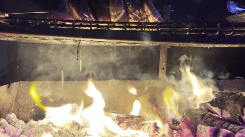 Fat dripping from juicy beef steaks creating flames in hot coals during grill Video stock 344010812
