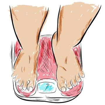 Fat foot at weight scale, top view, vector doodle hand draw sketch Stock Illustration