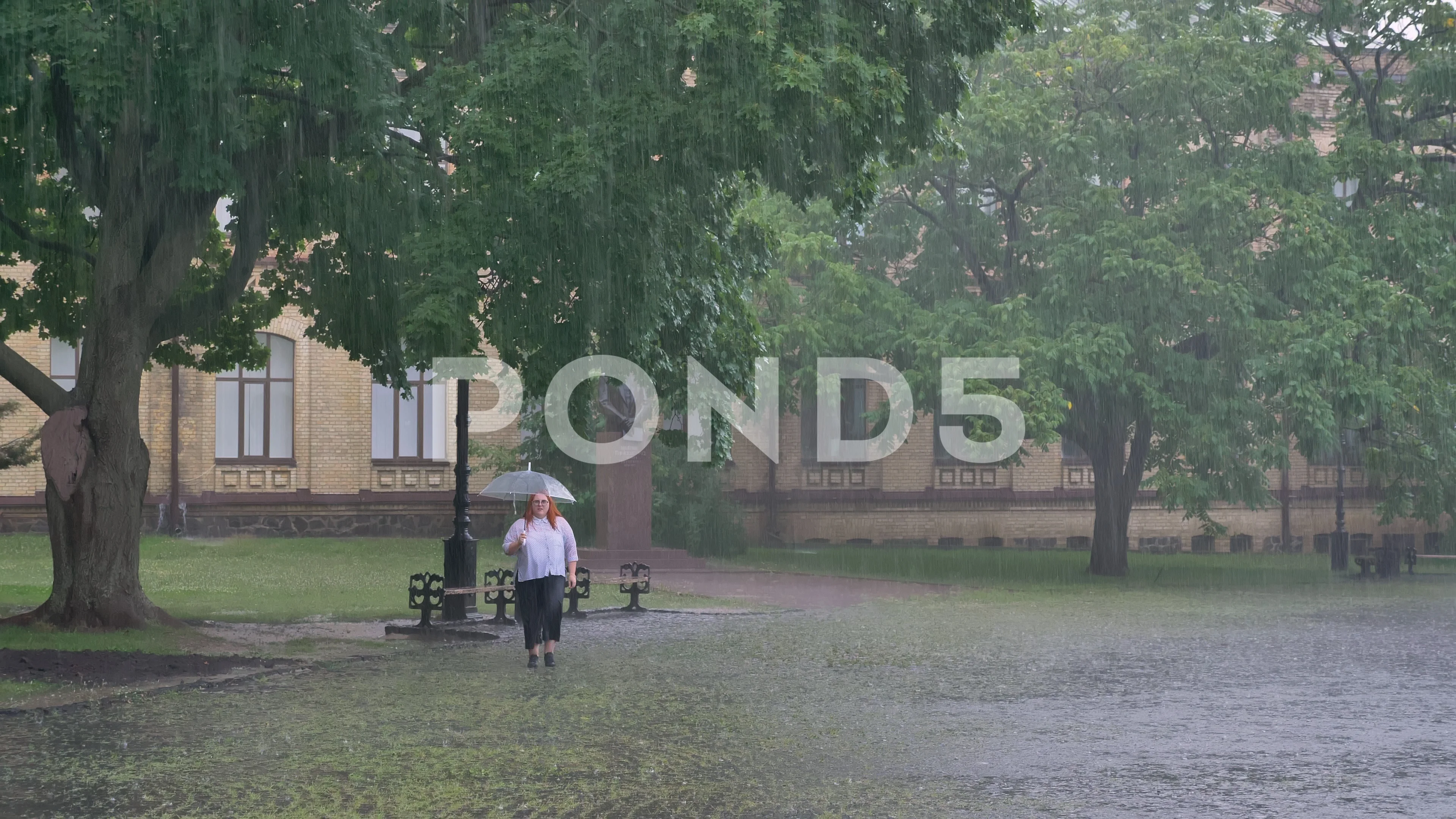 Fat ginger girl is running in park under rain, holding umbrella