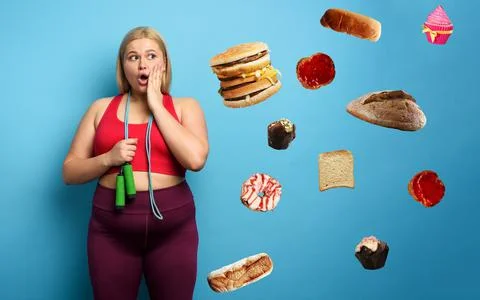 Fat girl does gym but she think always at food. cyan background Stock Photos