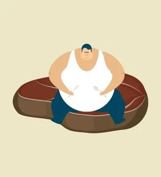 Fat guy and steak. Glutton Thick man and piece of meat. fatso vector illustra Stock Illustration