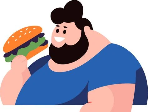 Fat guy eating burger flat style isolated on background Stock Illustration