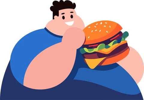 Fat guy eating burger flat style isolated on background Stock Illustration