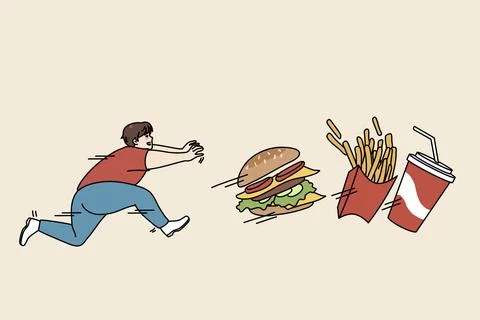 Fat guy running after fast food suffer from obesity and bad habits. Hungry Illustrazione stock