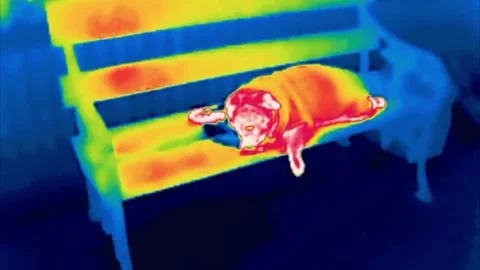 A fat indoor dog is lying on a bench infrared Stock Footage 329132440
