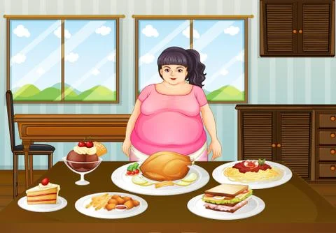 A fat lady in front of a table full of foods Stock Illustration