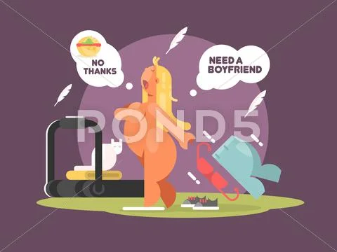 Fat lady refuses to eat food for weight loss Stock Illustration
