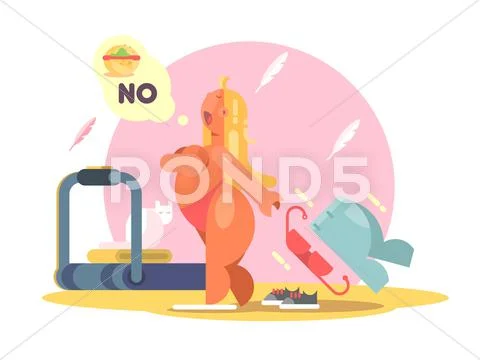 Fat lady refuses to eat food for weight loss Stock Illustration