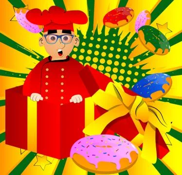 Fat male cartoon chef in uniform in a gift box. Vector illustration of a Chri 스톡 일러스트
