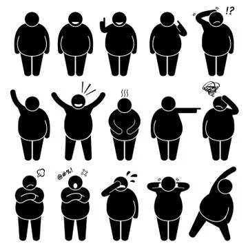 Fat Man Action Poses Postures Stick Figure Pictogram Icons Stock Illustration