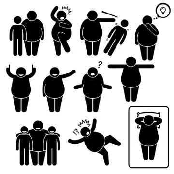 Fat Man Action Poses Postures Stick Figure Pictogram Icons Illustrazione stock