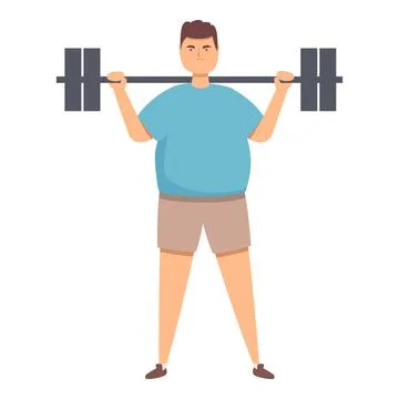 Fat man barbell stand exercise icon cartoon vector. Athletic condition Stock Illustration