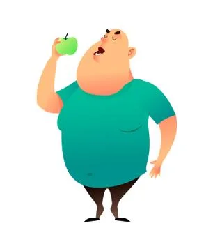 A fat man bites an apple. Useful habits and healthy eating concept. The fatty Stock Illustration