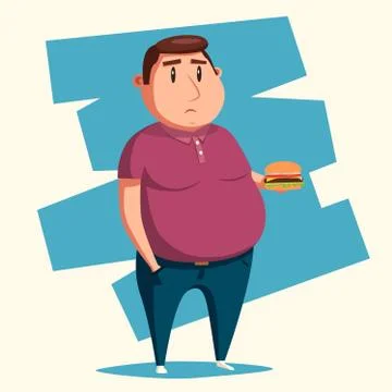 Fat man with burger. Cartoon vector illustration. Stock Illustration