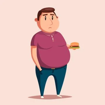 Fat man with burger. Cartoon vector illustration. Stock Illustration