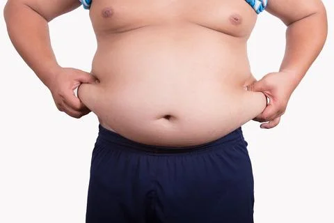 Fat man checking out his weight Fotos Stock