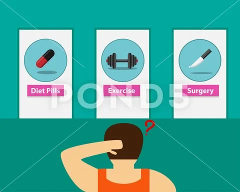 Fat man choosing way to lose weight, vector Stock Illustration
