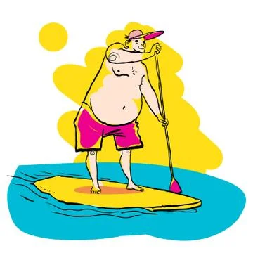 Fat man doing Stand Up Paddling on Paddle Board on Water at Seaside. Stock Illustration