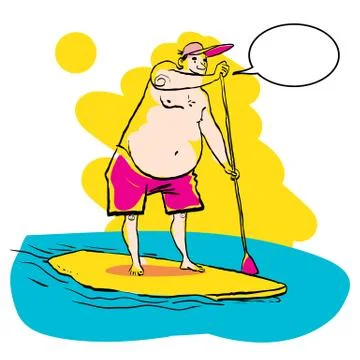 Fat man doing Stand Up Paddling on Paddle Board on Water at Seaside. Stock Illustration